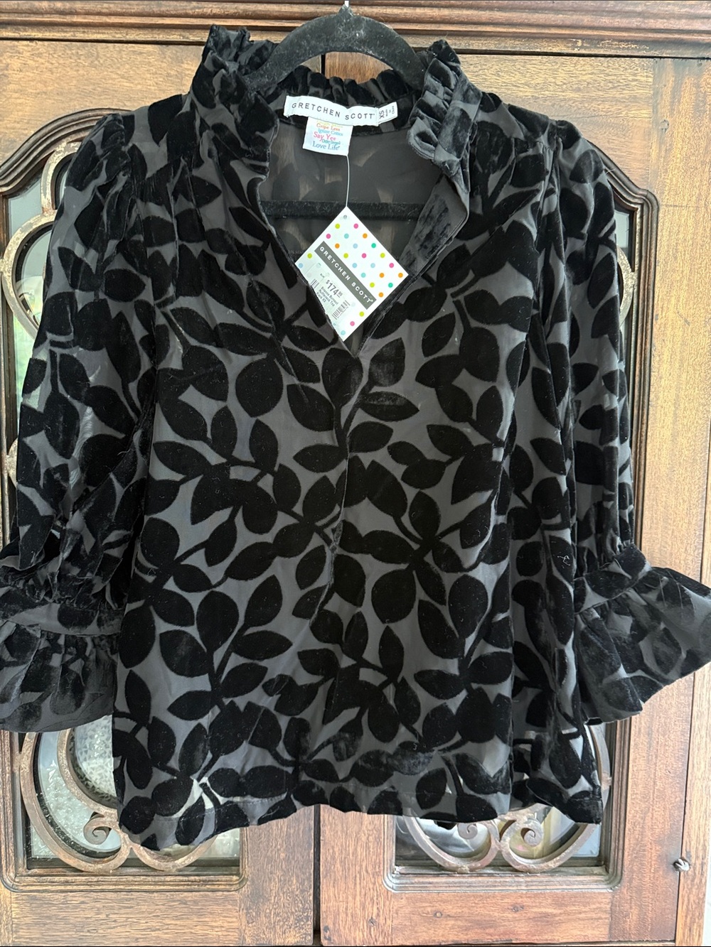 Gretchen Scott Black Velvet Luxe Leaf-Ruff Neck Top